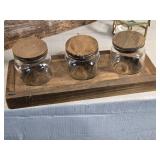 Rustic Wooden Tool Carrier Box, Glass Jars with Wood Base and Small Decorative Glass Box Rustic Wooden Tool Carrier Box, Glass Jars with Wood Base and Small Decorative Glass Box