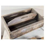 Rustic Wooden Tool Carrier Box, Glass Jars with Wood Base and Small Decorative Glass Box Rustic Wooden Tool Carrier Box, Glass Jars with Wood Base and Small Decorative Glass Box