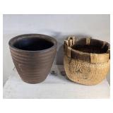 Woven Basket and Plastic Flower Pot Woven Basket and Plastic Flower Pot