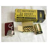 Vintage Mastercraft 22 Short High Velocity Ammunition (only 2 small boxes are full) with NRA Freedom Keychain Vintage Mastercraft 22 Short High Velocity Ammunition (only 2 small boxes are full) with NRA Freedom Keychain