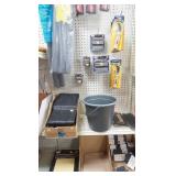 pipe insulation, snap fasteners, variety of cutters, bucket, sandpaper