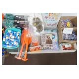 Metal Signs, Collapsible Oars, Game Scales, Clear Storage Totes and Lids, Fur, 2 Boxes of Carineaners