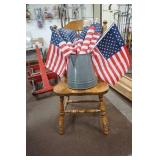 Antique Enamel Coffee Pot, American Flags, Wooden Chair