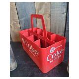 Collectible Plastic Coke Crate with Handle and Various Vintage Soda Bottles