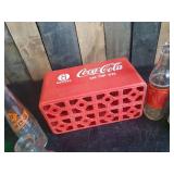 Collectible Plastic Coke Crate with Handle and Various Vintage Soda Bottles