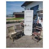 3 wooden Folding Chairs and Wooden Door with Great Patina