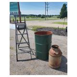 Large Metal Barrel, Folding Wooden painters Ladder, and Milk Can