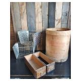 Vintage Sewing Drawers, 2 Metal Locker Baskets, and Taylor Chain Barrel