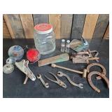 Mixed Lot of Vintage Items Tools, Horseshoes Jar and much more