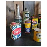 Various Vintage Collectible  Oil Cans - Auto Accessories Heet, Oil Bottle with Spout, Brasso and more