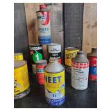 Various Vintage Collectible  Oil Cans - Auto Accessories Heet, Oil Bottle with Spout, Brasso and more