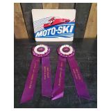 2 Highly Collectible Vintage purple Snowmobile Ribbons and Moto-Ski Metal Sign