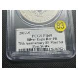 2012-S Reverse Proof 1 Oz. American Silver Eagle 75th Anniv. SF Mint Set PCGS PR69 - PCGS Price Guide $100 2012-S Reverse Proof 1 Oz. American Silver Eagle 75th Anniv. SF Mint Set PCGS PR69 - PCGS Price Guide $100