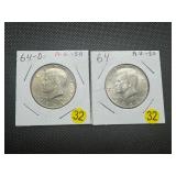 Two 90% Silver Kennedy Half Dollars: 1964 and 1964-D - Both Marked AU50 when Purchased - Nice Mint Luster!! Two 90% Silver Kennedy Half Dollars: 1964 and 1964-D - Both Marked AU50 when Purchased - Nice Mint Luster!!