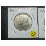 Two 90% Silver Kennedy Half Dollars: 1964 and 1964-D - Both Marked AU50 when Purchased - Nice Mint Luster!! Two 90% Silver Kennedy Half Dollars: 1964 and 1964-D - Both Marked AU50 when Purchased - Nice Mint Luster!!