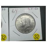 Two 90% Silver Kennedy Half Dollars: 1964 and 1964-D - Both Marked AU50 when Purchased - Nice Mint Luster!! Two 90% Silver Kennedy Half Dollars: 1964 and 1964-D - Both Marked AU50 when Purchased - Nice Mint Luster!!