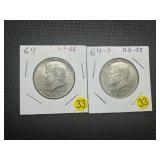 Two 90% Silver Kennedy Half Dollars: 1964 and 1964-D - Both Marked AU55 when Purchased - Nice Mint Luster!! Two 90% Silver Kennedy Half Dollars: 1964 and 1964-D - Both Marked AU55 when Purchased - Nice Mint Luster!!