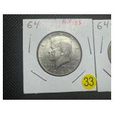 Two 90% Silver Kennedy Half Dollars: 1964 and 1964-D - Both Marked AU55 when Purchased - Nice Mint Luster!! Two 90% Silver Kennedy Half Dollars: 1964 and 1964-D - Both Marked AU55 when Purchased - Nice Mint Luster!!