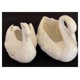 Holland Mold-Glazed White Ceramic Swan Planter Signed NH 11/97 & Vintage Ceramic Swan Planter "808 USA"