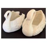Holland Mold-Glazed White Ceramic Swan Planter Signed NH 11/97 & Vintage Ceramic Swan Planter "808 USA"