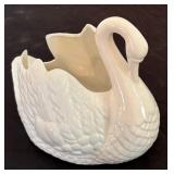 Holland Mold-Glazed White Ceramic Swan Planter Signed NH 11/97 & Vintage Ceramic Swan Planter "808 USA"