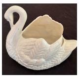 Holland Mold-Glazed White Ceramic Swan Planter Signed NH 11/97 & Vintage Ceramic Swan Planter "808 USA"