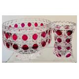 Vintage Glass Footed Bowl and Vase with Cranberry Glass Accents