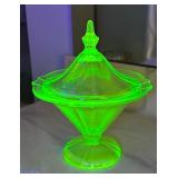Vintage Uranium Glass Covered Compote Dish