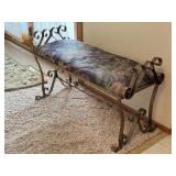 Upholstered Metal Scrollwork Bench with Floral Cushion
