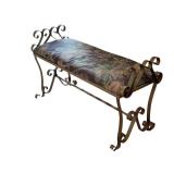 Upholstered Metal Scrollwork Bench with Floral Cushion