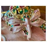 Decorative Miniature Bejeweled Floral Teapot and Cups Set with Dragonfly Accent on Tray