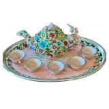 Decorative Miniature Bejeweled Floral Teapot and Cups Set with Dragonfly Accent on Tray