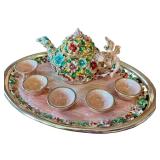 Decorative Miniature Bejeweled Floral Teapot and Cups Set with Dragonfly Accent on Tray