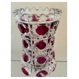 Vintage Glass Footed Bowl and Vase with Cranberry Glass Accents