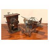 Vintage Brutalist Style Biplane and Piano Man Metal Music Boxes