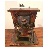 Vintage Brutalist Style Biplane and Piano Man Metal Music Boxes