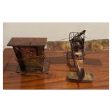 Vintage Brutalist Style Biplane and Piano Man Metal Music Boxes