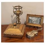 Vintage Lego of Japan Velvet Lined Violin Motif Trinket Box, Lidded Box, Candle Holder and Print