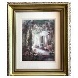 Gold Framed Artwork French Style Flowers, Bench and Door