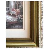 Gold Framed Artwork French Style Flowers, Bench and Door