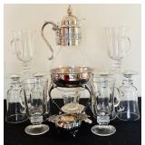 Glass Coffee Carafe with Silverplate Stand and 6 Mugs, 15 Inch Tall