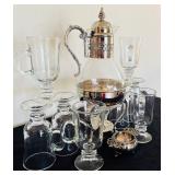 Glass Coffee Carafe with Silverplate Stand and 6 Mugs, 15 Inch Tall