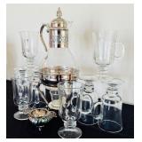 Glass Coffee Carafe with Silverplate Stand and 6 Mugs, 15 Inch Tall