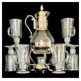 Glass Coffee Carafe with Silverplate Stand and 6 Mugs, 15 Inch Tall