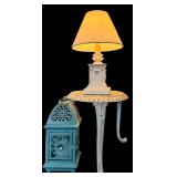 Beautiful Decor Including Cast Iron Plant Stand, Small Table Lamp and Candle Bird Cage