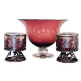 Set of Ruby Red Glass Bowl and Two Decorative Candle Holders