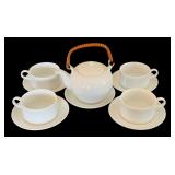 Lovely White Ceramic Tea Pot with Woven Rattan Hande Including Mugs and Saucers