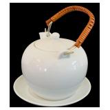 Lovely White Ceramic Tea Pot with Woven Rattan Hande Including Mugs and Saucers