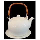 Lovely White Ceramic Tea Pot with Woven Rattan Hande Including Mugs and Saucers