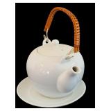 Lovely White Ceramic Tea Pot with Woven Rattan Hande Including Mugs and Saucers